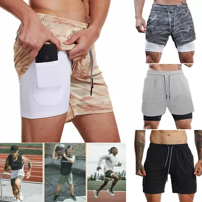 Men's 2 In 1 Compression Gym Workout Training Running Shorts Phone Pocket Pants • $13.99