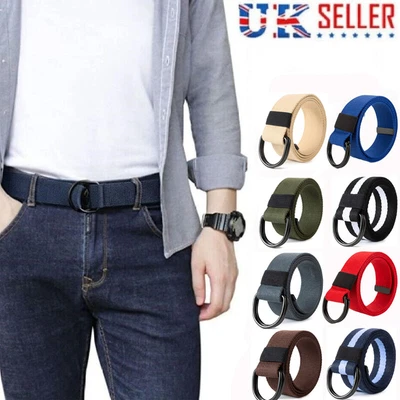 Mens Womens Canvas Double D-Ring Belts Fabric Webbing Waist Belt Strap Waistband • £6.23