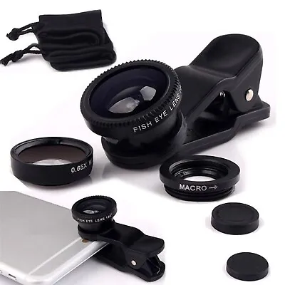 3 In 1 Universal Mobile Phone Camera Lens Fish Eye Wide Angle Macro Clip Kit Set • £3.25