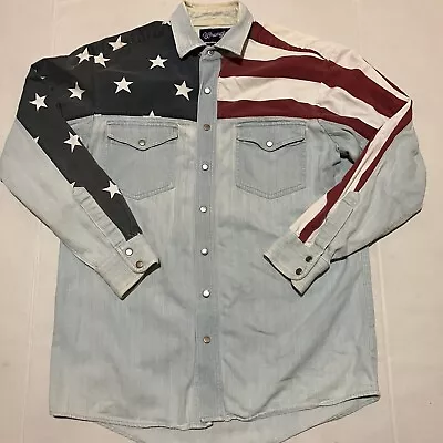 Vintage Wrangler Western Pearl Snap Shirt Mens Medium Denim Long Sleeve USA Flag • $39.99