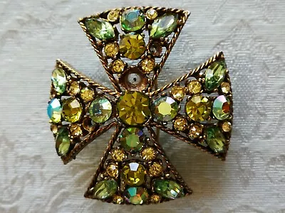 Vtg Signed Regency Rhinestone Brooch Maltese Cross Green 2  (Repair) • $49.99