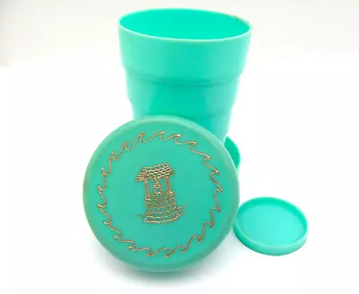 Vintage Aqua Plastic Collapsible Drinking Cup Pill Holder LID Travel Grannycore • $8.95