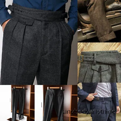 Men Retro Tweed GURKHA Pants Casual Herringbone Wool Trousers Business Suit Pant • $48.06