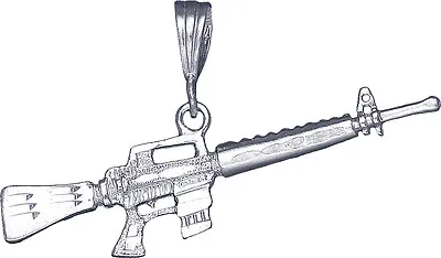 Sterling Silver M-16 Rifle Machine Gun Pendant Necklace With Diamond Cut Finish • $34.99