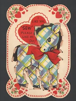 LARGE Vntg Pony Valentines Card Sew W/ Yarn I LIKE You  SEW  Please Like Me Too! • $5.50