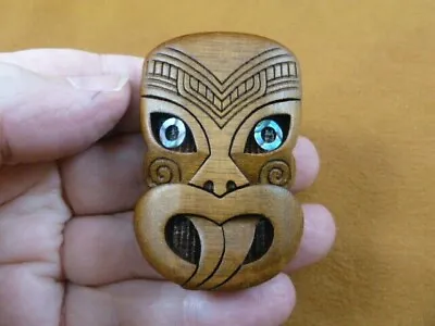 (j470-8) Tribal Maori Mask Face Paua Shell Eyes Carved Wood Pendant New Zealand • $39.99