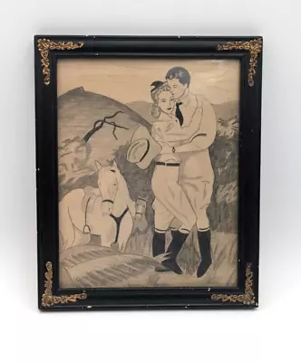 Vintage Pencil/Charcoal Drawing Horse Riders - Lovers ~ OA1-3c • $48