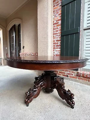 Antique French ROUND Dining Hunt Game Table Carved Oak Black Forest Pedestal • $3700