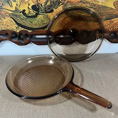 Vision Corning 10 Inch Waffle Bottom Skillet With Pyrex Lid Amber Glass USA Made • $29.99