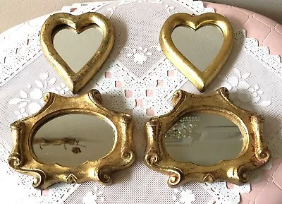 Two Pairs Hearts & ScrollsVintage Italy Florentine Gold Gilt Wall Accent Mirrors • $84.99