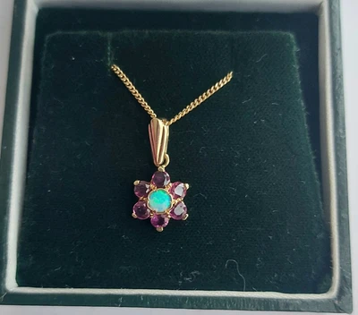 £295 • Buy A Beautiful Opal & Ruby Pendant With Chain In 9ct Yellow Gold