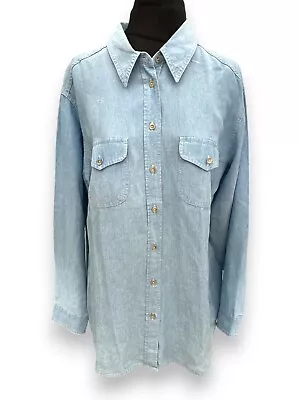 St Michael Chambray Vtg Shirt Women's Size 14 Light Blue Long Sleeve Denim Style • £18