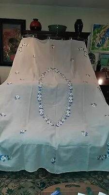 Vintage Large White Linen Hand-Embroidered Table Cloth: Floral Design • $47