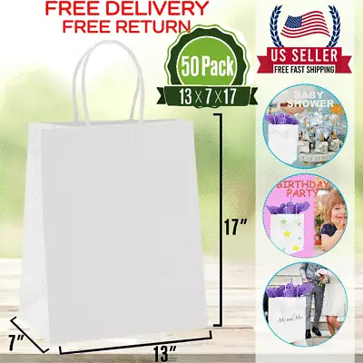 $30.99 • Buy 50 Pcs Paper Bags White Kraft Bag With Handles Gift Retail Merchandise Shopping