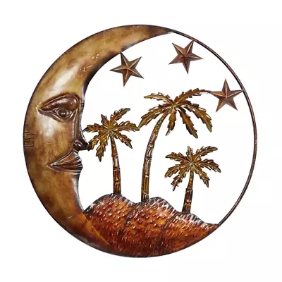 Metal Copper Indoor Outdoor Moon Wall Decor W/ Stars & Palm Tree Rustic Round • $23.86