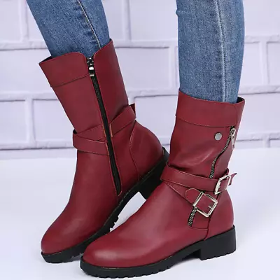 Womens Buckle Strap Mid Calf Boots Low Heels Round Toe Riding Zip Military Shoes • $38.44