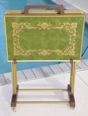 Vintage Complete Set 4 Lavada Avocado Green & Gold Metal TV Tray Stand MCM Table • $229.99