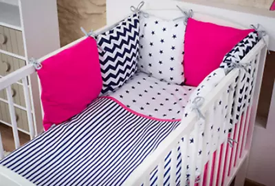 8pc Cot Bed Bedding Set 60x120 6 Cushions +pillowcase+duvet Cover Pink Navy Blue • £29.99