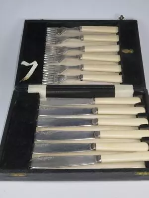 VINTAGE Silver Plated (EPNS) Fish Knives And Forks In Case Ivory Colour Handles • £17.99