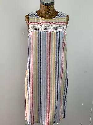 NEXT DRESS LINEN Midi SUMMER Uk 8 Rainbow Stripe Womens Sleeveless Tank SHIFT • £19.97