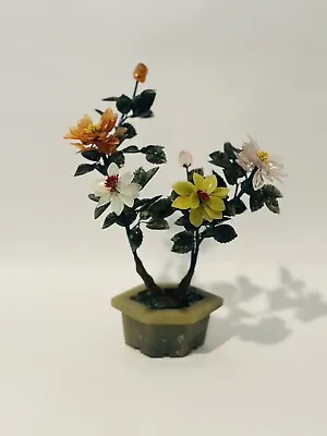 Vintage Jade Stone Bonsai Tree Flowers Jade Multicolor Flowers 9.5” Tall • $45