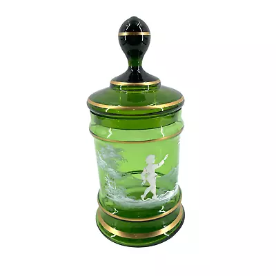 Mary Gregory Hand Painted Green Biscuit Jar Lidded Covered Boy & Bird Large 13   • $172.49