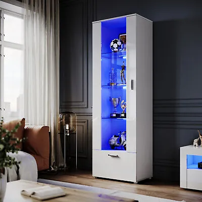 High Gloss White Tall Display Cabinet Cupboard Storage Sideboard With LED Lights • £149.99