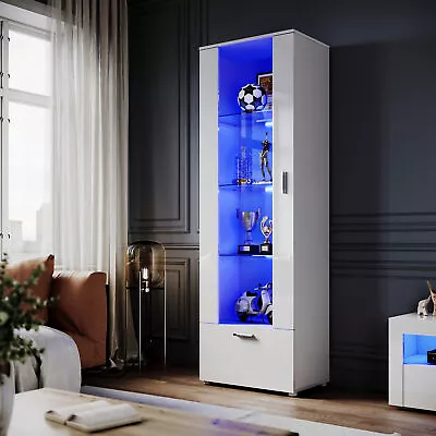 High Gloss White Tall Display Cabinet Cupboard Storage Sideboard With LED Lights • £152.99