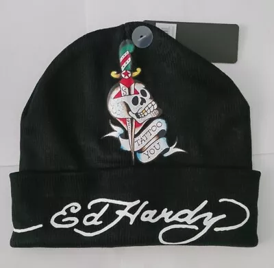 Men's Ed Hardy Black Skull Sword Logo Portrait Beanie New With Tags • $17.99