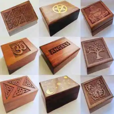 Wood Tarot Card Box Rune Spell Pentagram Star Tree Buddha Celtic Wicca Pagan Gif • £12.99