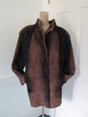Vtg Persian Curly Lamb Swing Coat  L-XL Striped Black & Brown Fur Satin Lined • $154.99