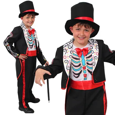 Boys Day Of The Dead Suit Costume Halloween Scary Sugar Skull Childs Fancy Dress • £12.99