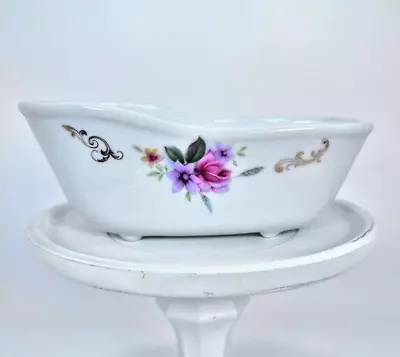 1979 Ceramic Bath Tub Soap Dish White Floral Vintage Cottagecore Midcentury Mcm • $9.99