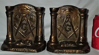 Antique Usa 14 Pound Solid Bronze Masonic Seeing Eye Fraternal Book Art Bookends • $1295