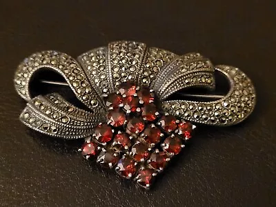 Gorgeous Vintage Brooch Garnet Marcasite Sterling Silver • $119.99