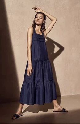 $25 • Buy Witchery Navy Pintuck Detail Linen Blend Maxi Dress Size 14-16 RRP $199.95