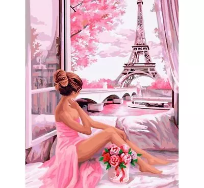 Woman Portrait Diamond Painting Eiffel Tower View Pink Themed Design Wall Decors • $45.89