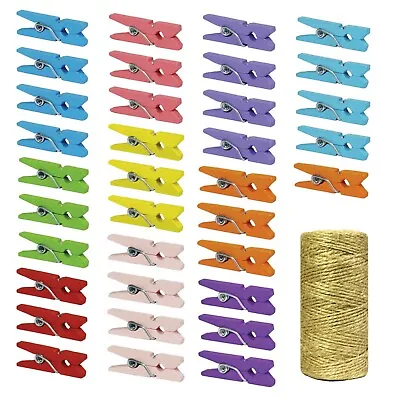 Mini Natural Wooden Clothespins W/ 66ft Jute Twine 250pc 2.5cm/1inch • $10.99