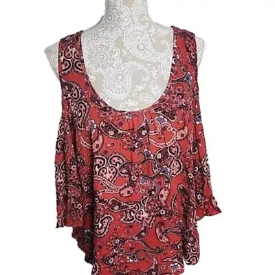 Mossimo Women's Red Paisley 3/4 Bell Sleeve Cold Shoulder Paisley Top XXL • $11.99