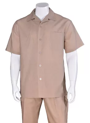 Men's 2pc Casual Walking Suit Linen Short Sleeve Shirt W/ Pants Set Khaki • $48.99