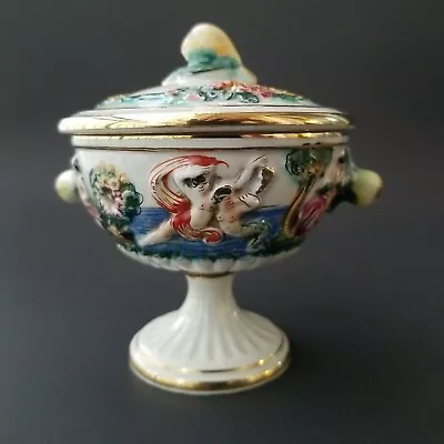 VTG Porcelain Capodimonte 3412 Italy Footed Pedestal Cherub Mermaid Bowl Lidded  • $39.99