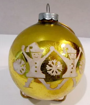 Vintage Glass CHristmas Ornament White Stencil Elves SNowflakes Gold MCM 2.6  • $15