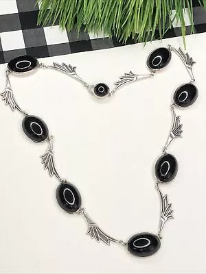 Vintage Estate Sterling Silver Black Onyx Glass Choker Necklace • $14.99