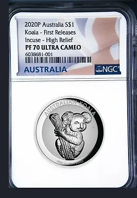 $146 • Buy 2020 Australia FIRST INCUSED HIGH RELIEF 1oz Silver Koala $1 Coin NGC PF70 FR FL