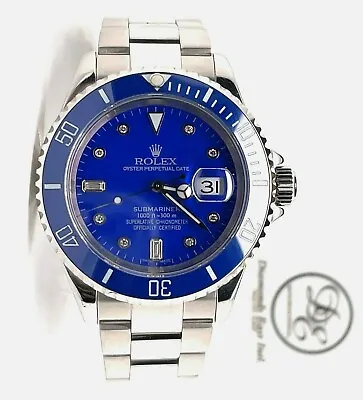 Rolex Submariner 16610 Oyster Stainless Steel Blue Bezel Diamond Dial Watch MINT • $15947.28