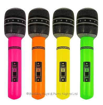 4 X Neon Inflatable Blow Up Microphone 60s 70s 80s Disco Fancy Dress Party Prop • £5.75