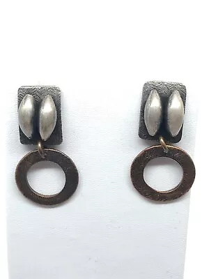 Vintage Marjorie Baer Two Tone Silver Copper Modernist Dangle Earrings Signed • $19.88