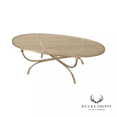 Directoire Neoclassical Vintage Brushed Steel Brass And Glass Top Coffee Table • $895