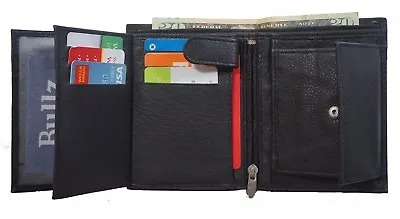 Men's European Cowhide Black Leather Trifold Wallet 3 ID8 Slots Change Pocket • $13.91