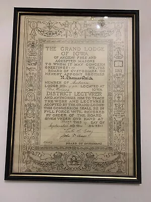 Vintage 1966 Masonic Auburn Lodge Iowa 592 District Lecturer Certificate Framed • $95